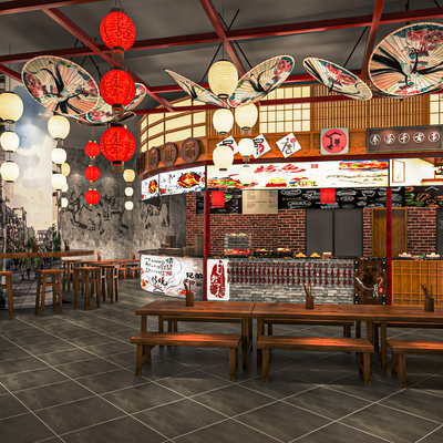  新中式美食城 美食街su模型 