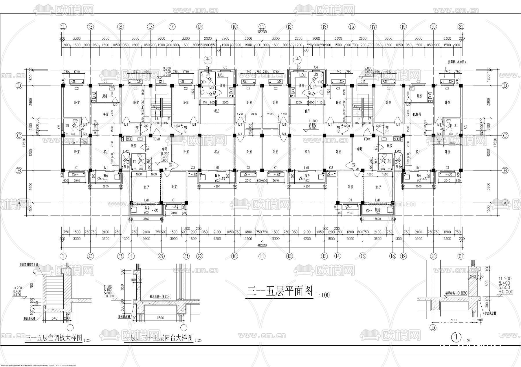 一梯三户多层带阁楼CAD施工图下载（渲染图3）