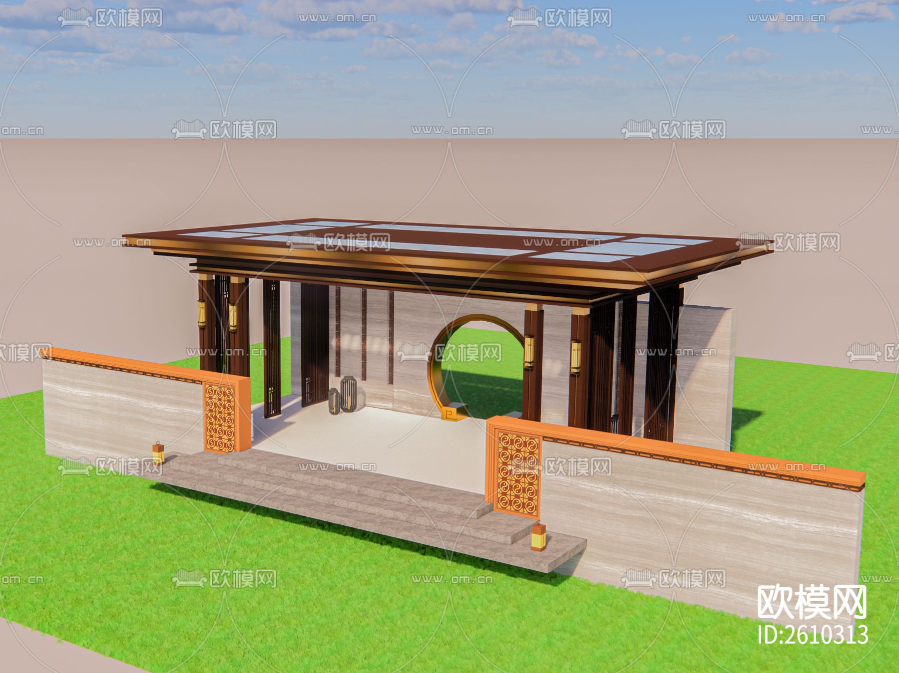 新中式廊架CAD施工图下载（渲染图8）