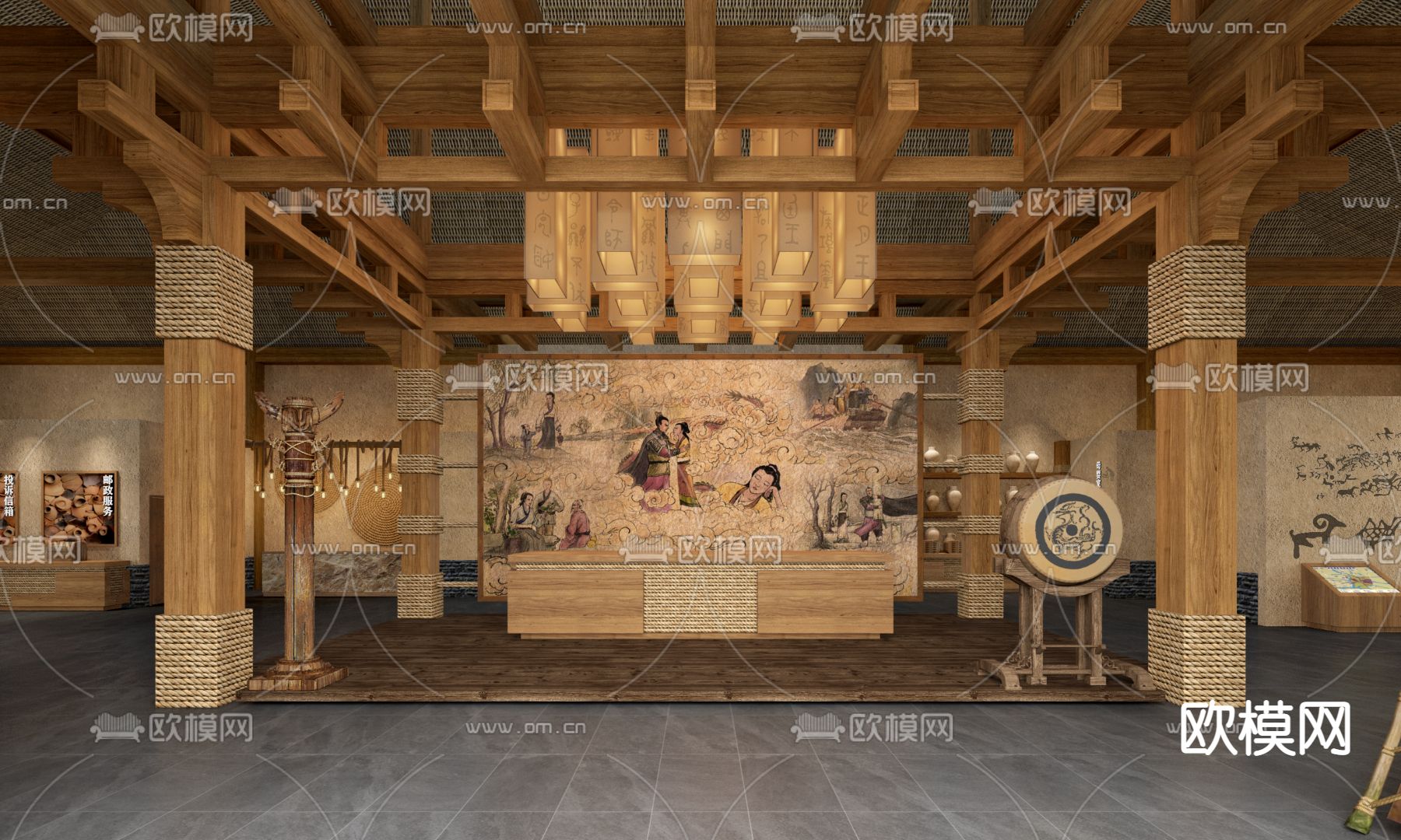 中式游客中心 办事大厅su模型下载（渲染图1）