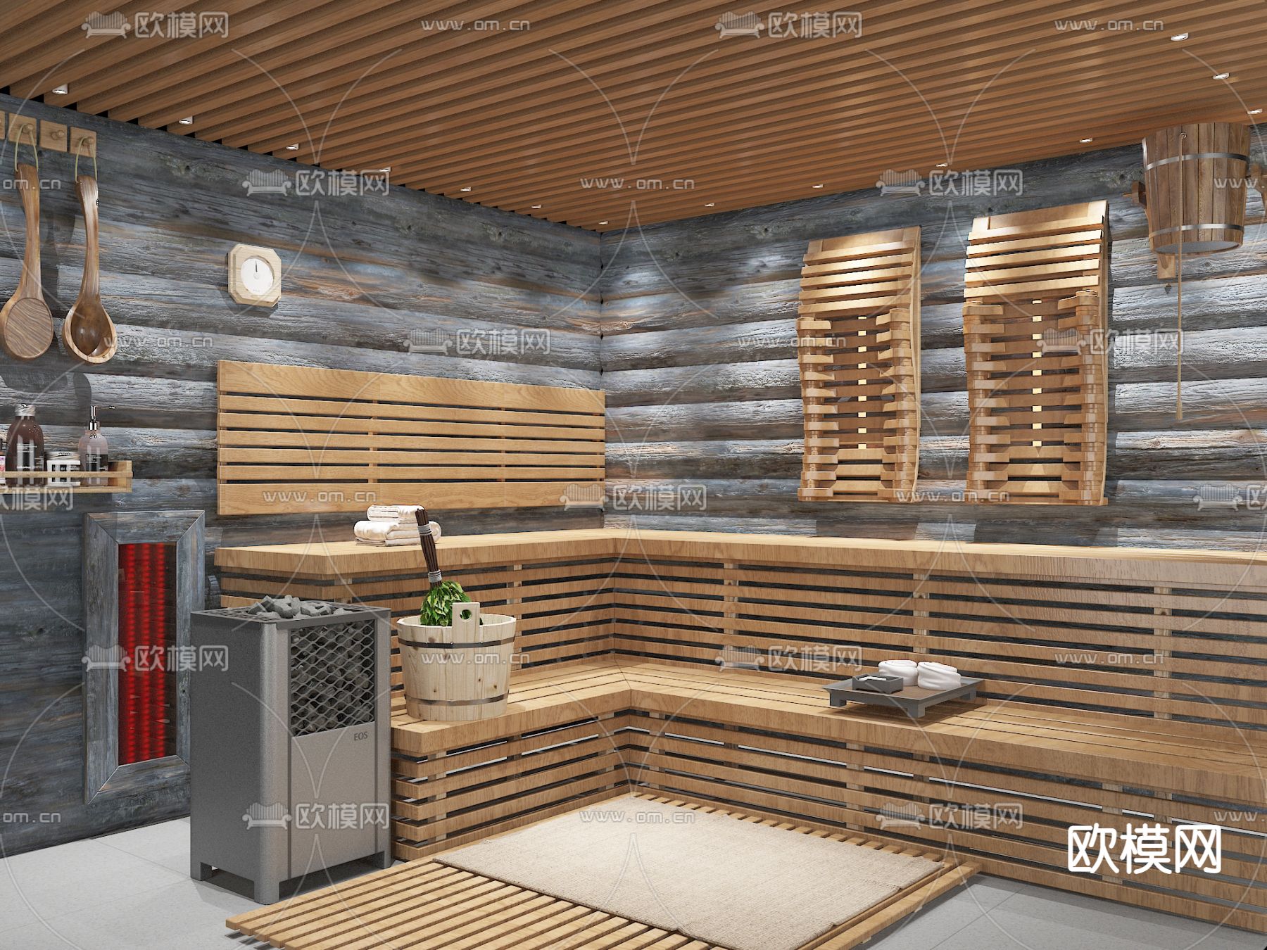 新中式桑拿房 汗蒸房su模型下载（渲染图1）