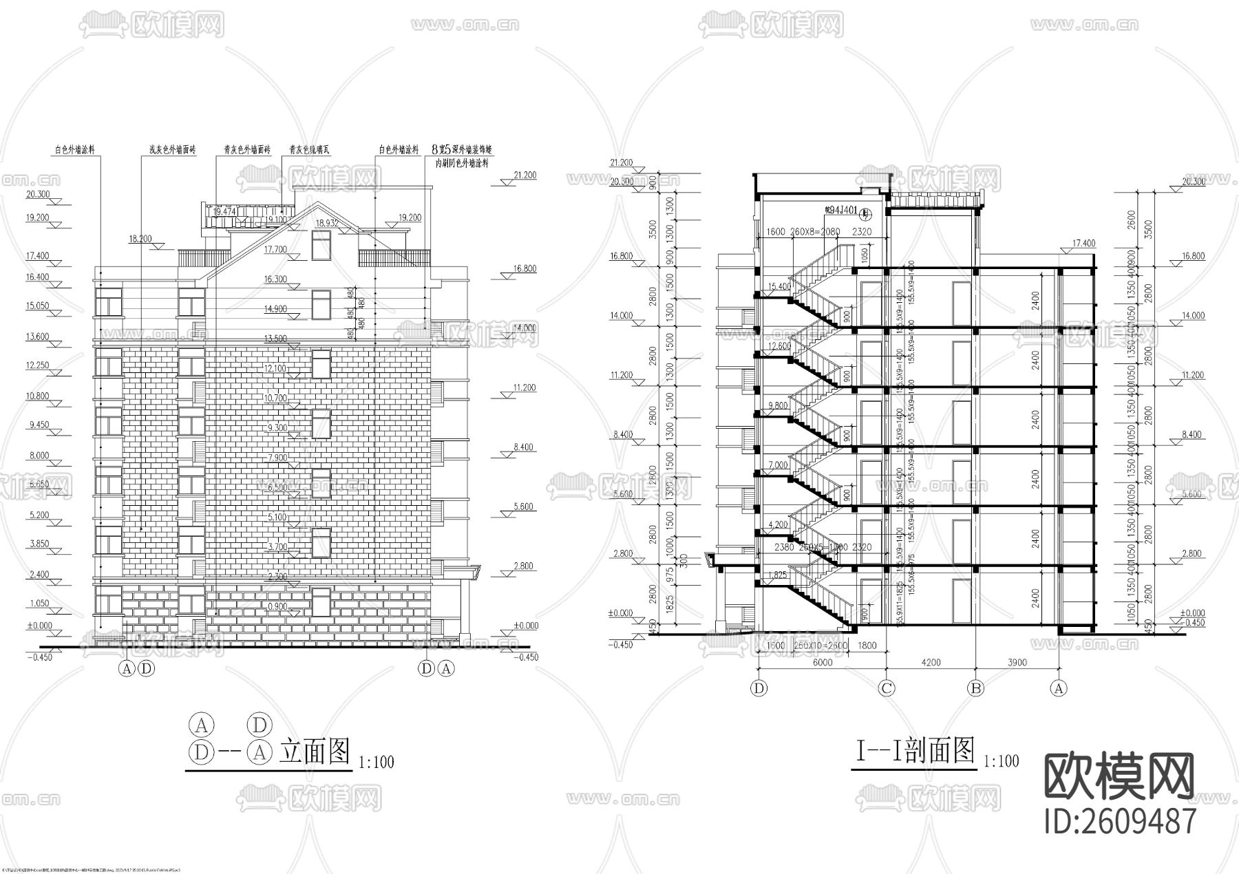 一梯三户多层带阁楼CAD施工图下载（渲染图6）