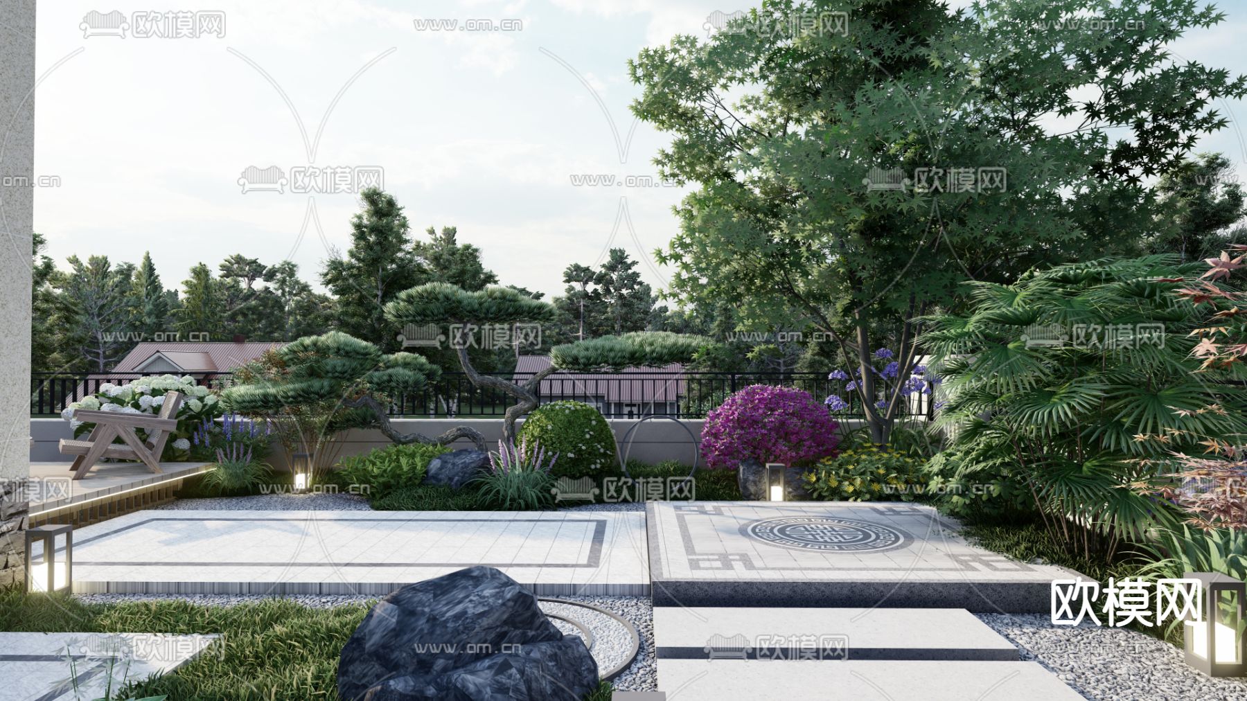 新中式庭院花园su模型下载（渲染图6）