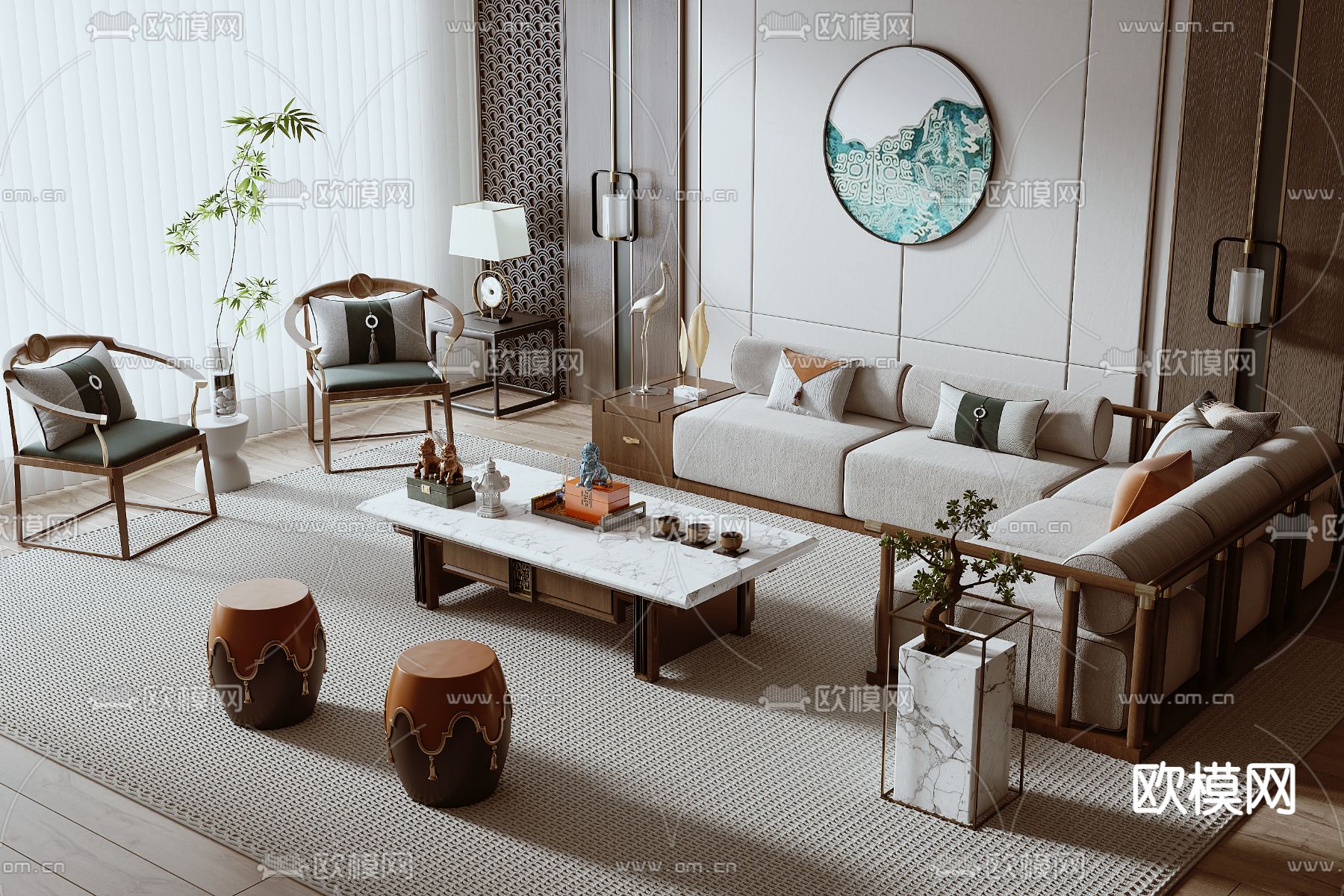 新中式组合沙发3d模型下载_ID14059645_3dmax免费模型-欧模网