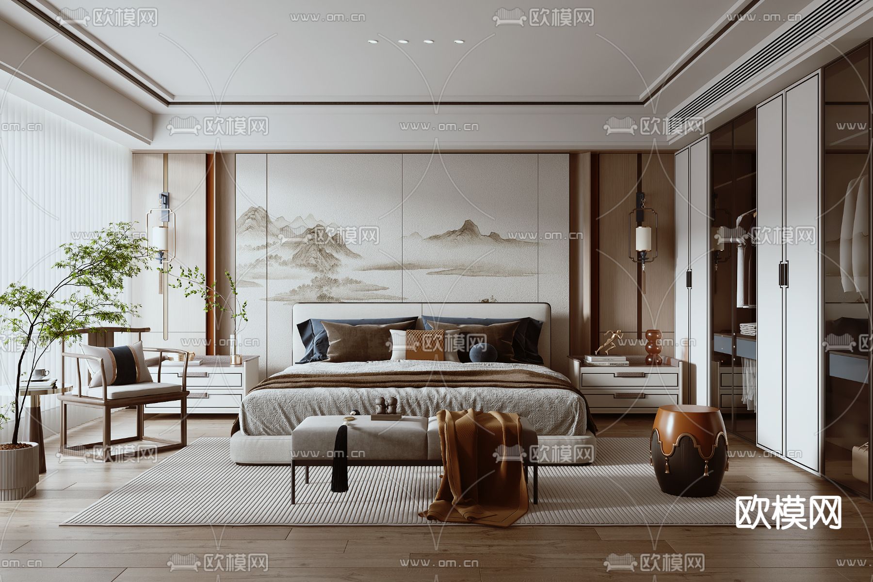 新中式卧室 主人房3d模型下载