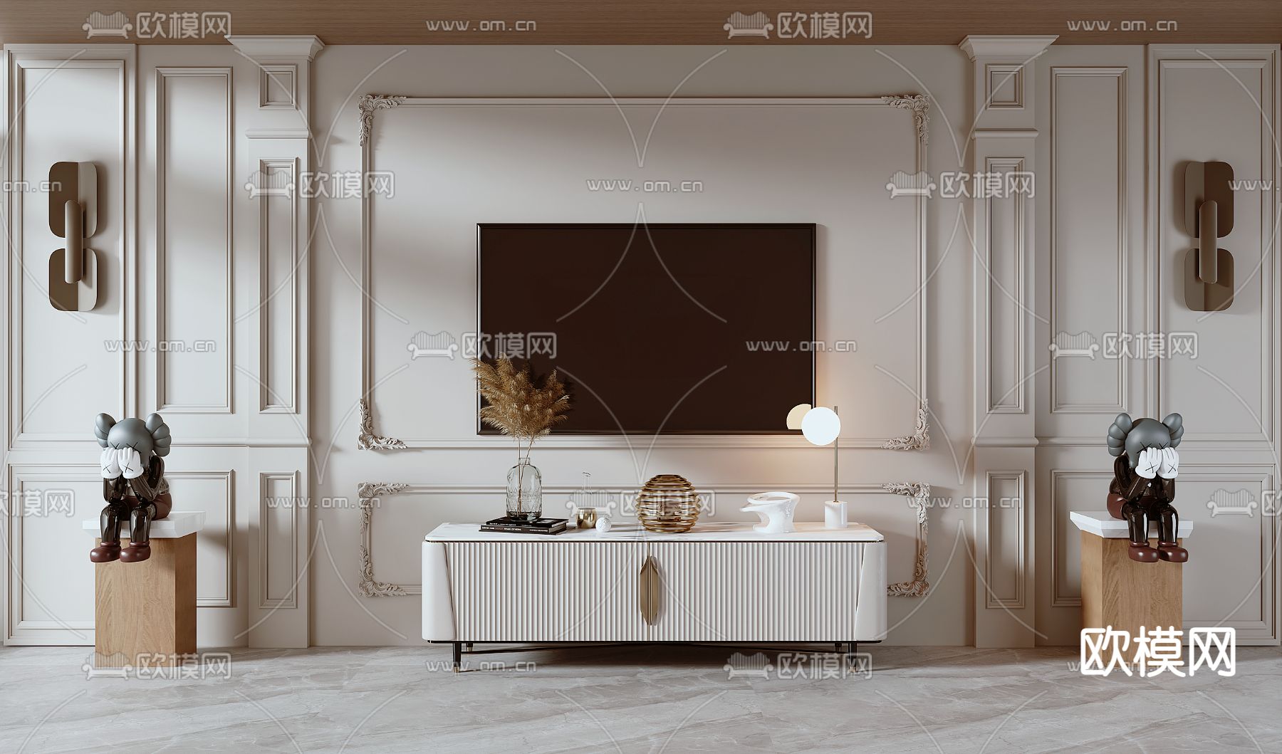 简欧电视背景su模型下载（渲染图1）