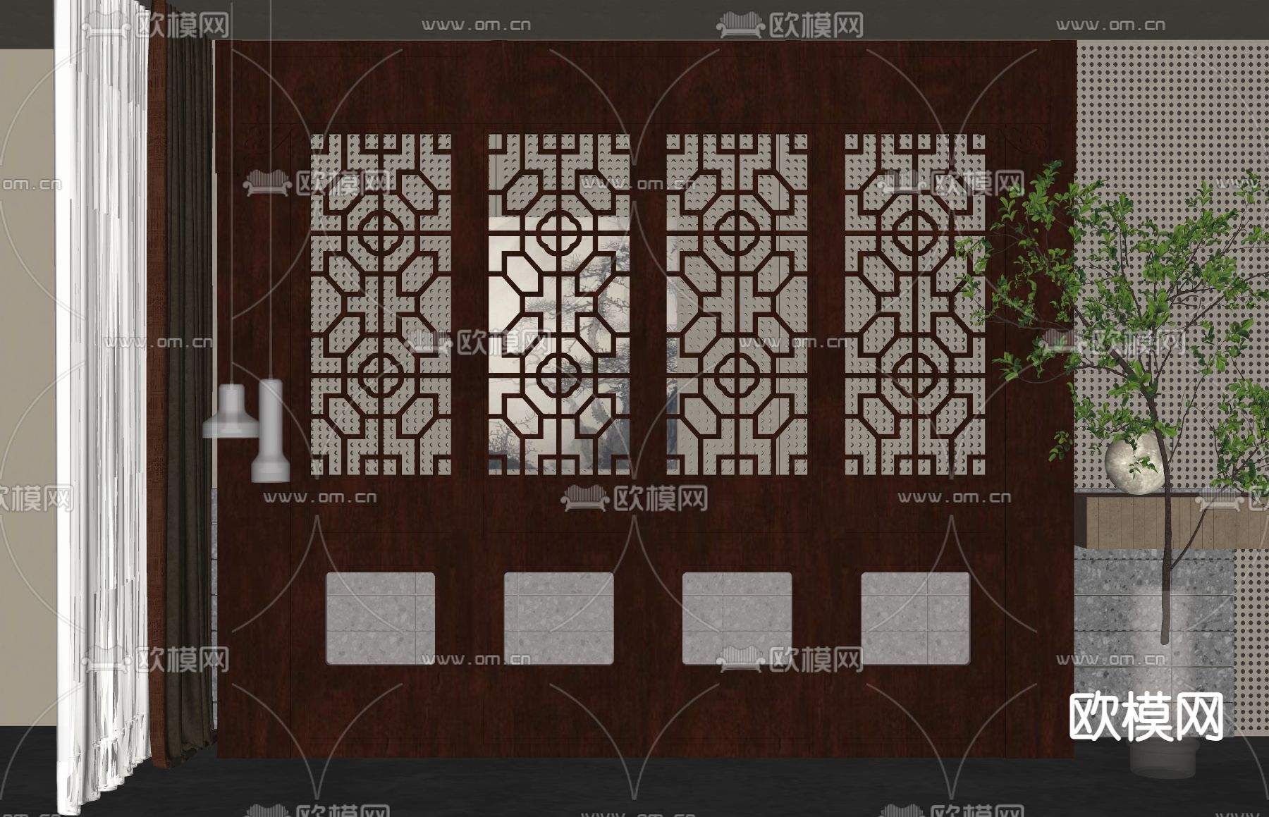 新中式隔断屏风su模型下载（渲染图2）