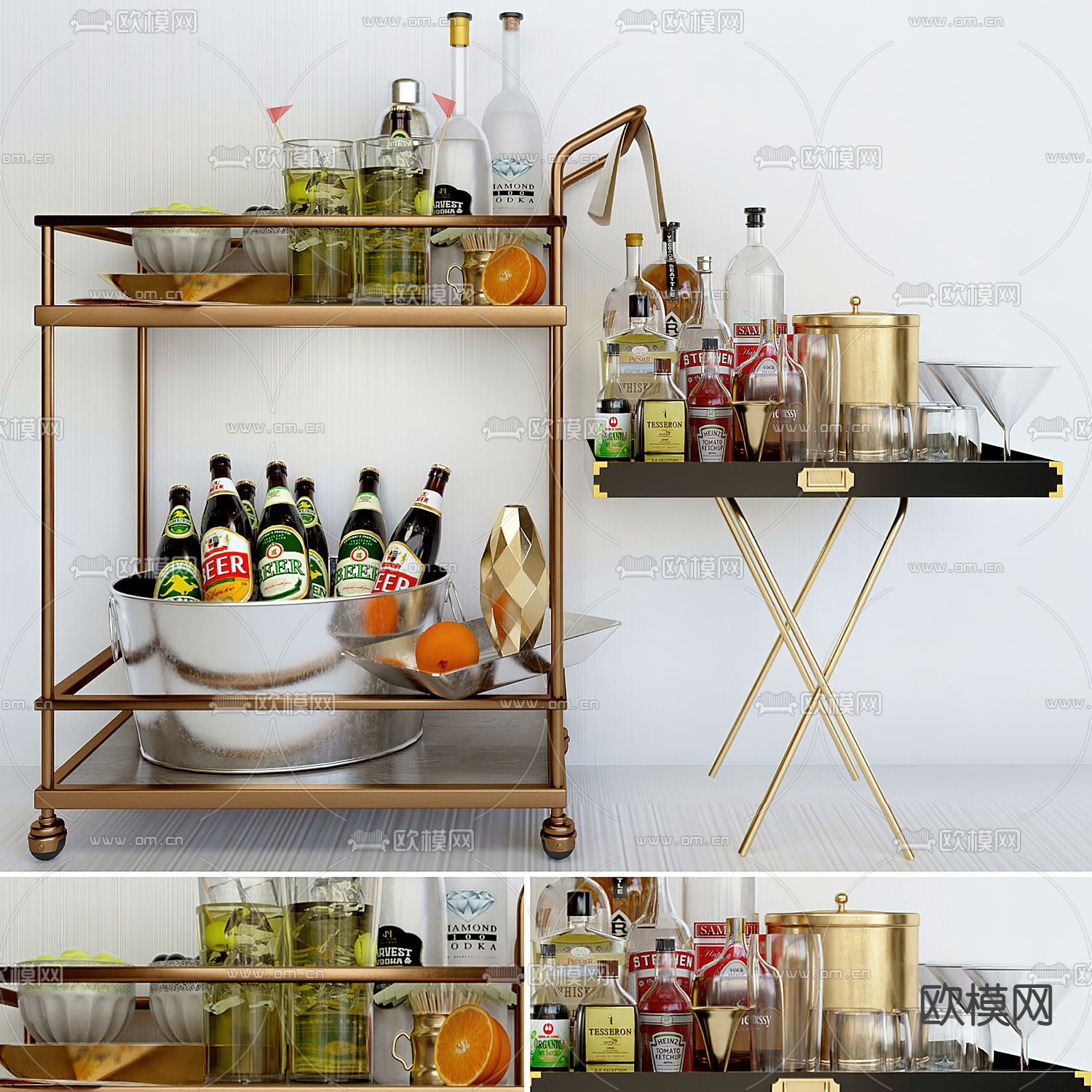 酒水饮料 食物餐车3d模型下载（渲染图1）