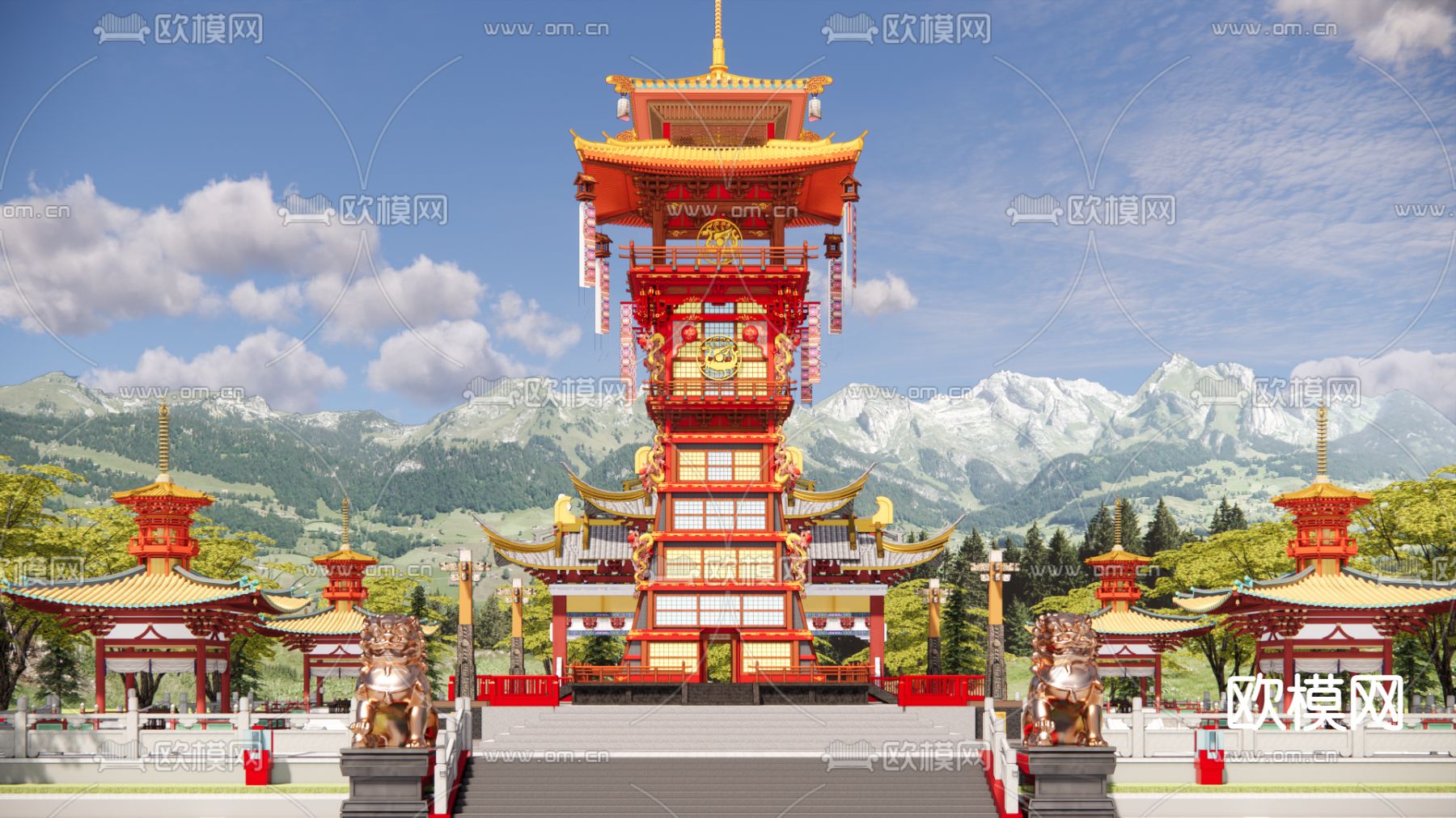 中式古建筑 景观塔楼su模型下载（渲染图3）