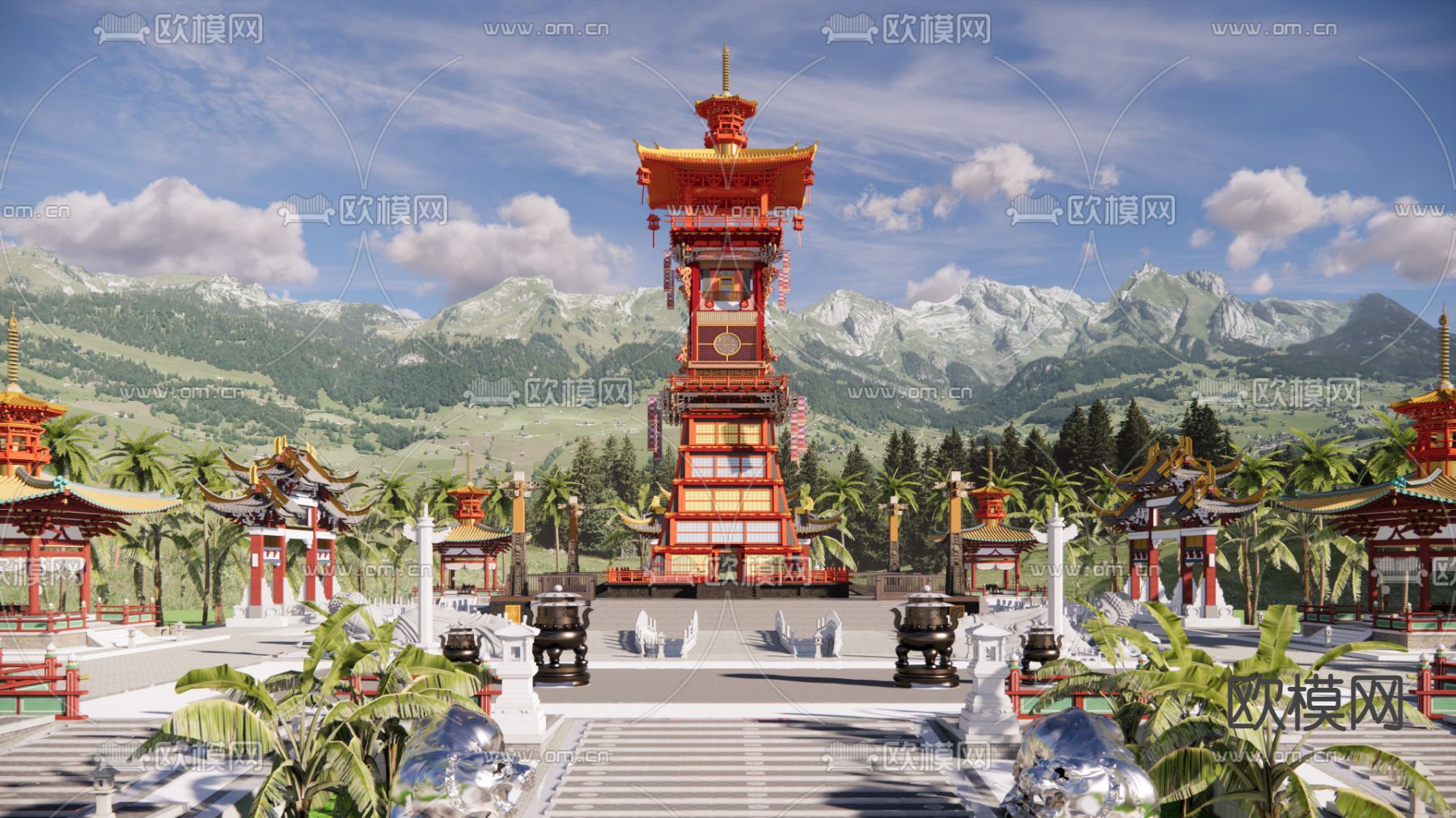 中式古建筑 景观塔楼su模型下载（渲染图2）