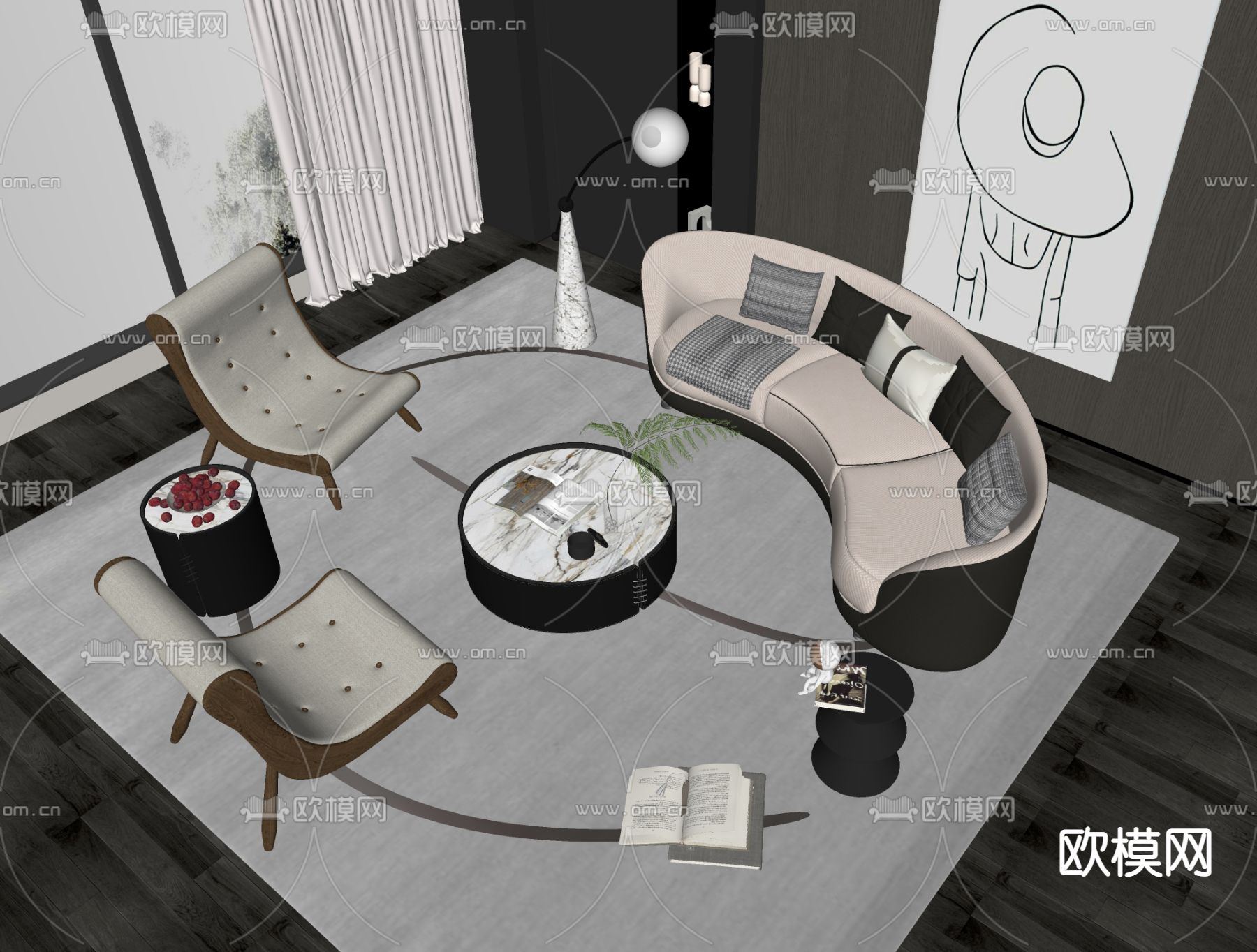 现代组合沙发su模型下载（渲染图2）