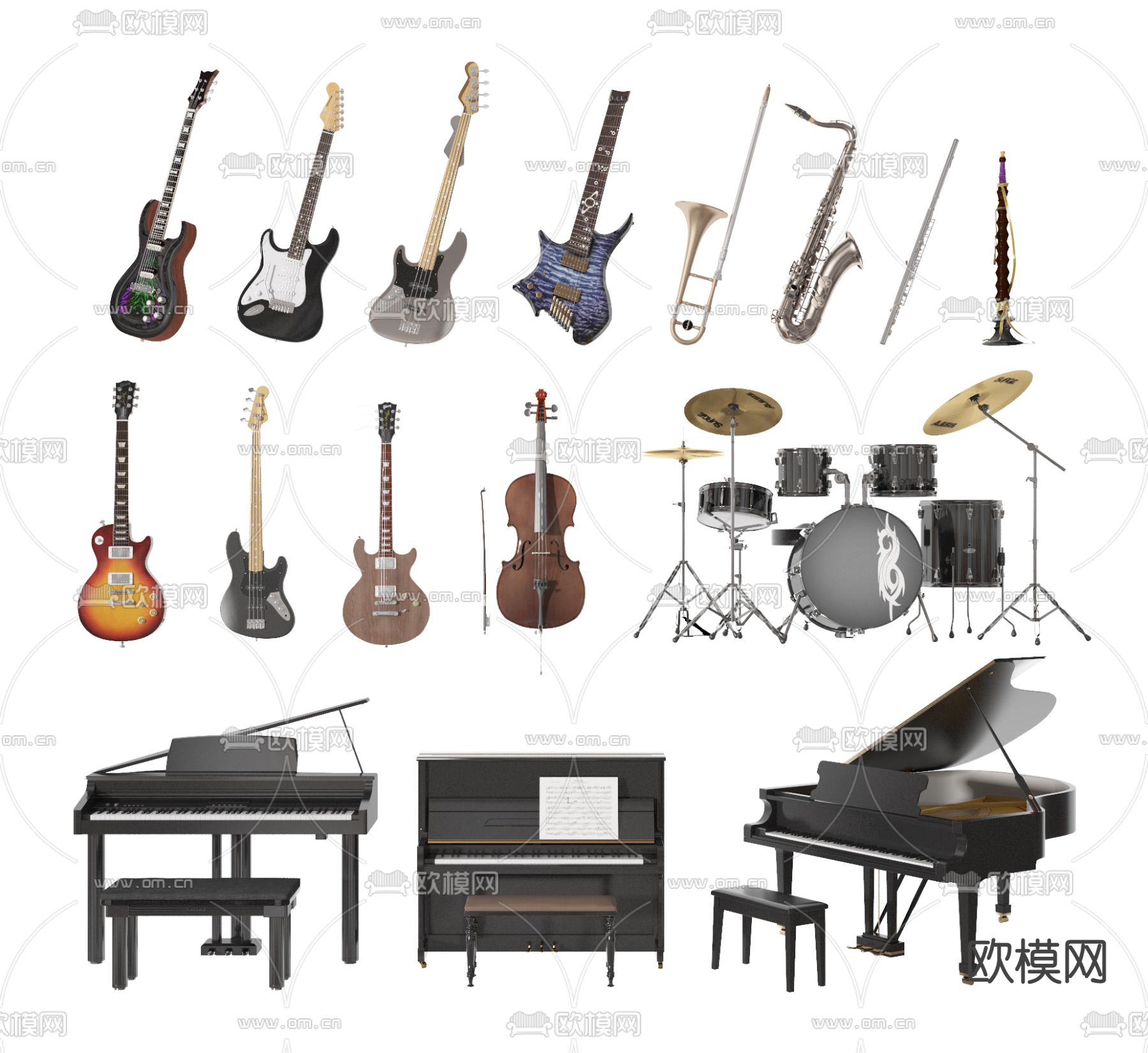 吉他 长号 提琴 钢琴 架子鼓3d模型下载