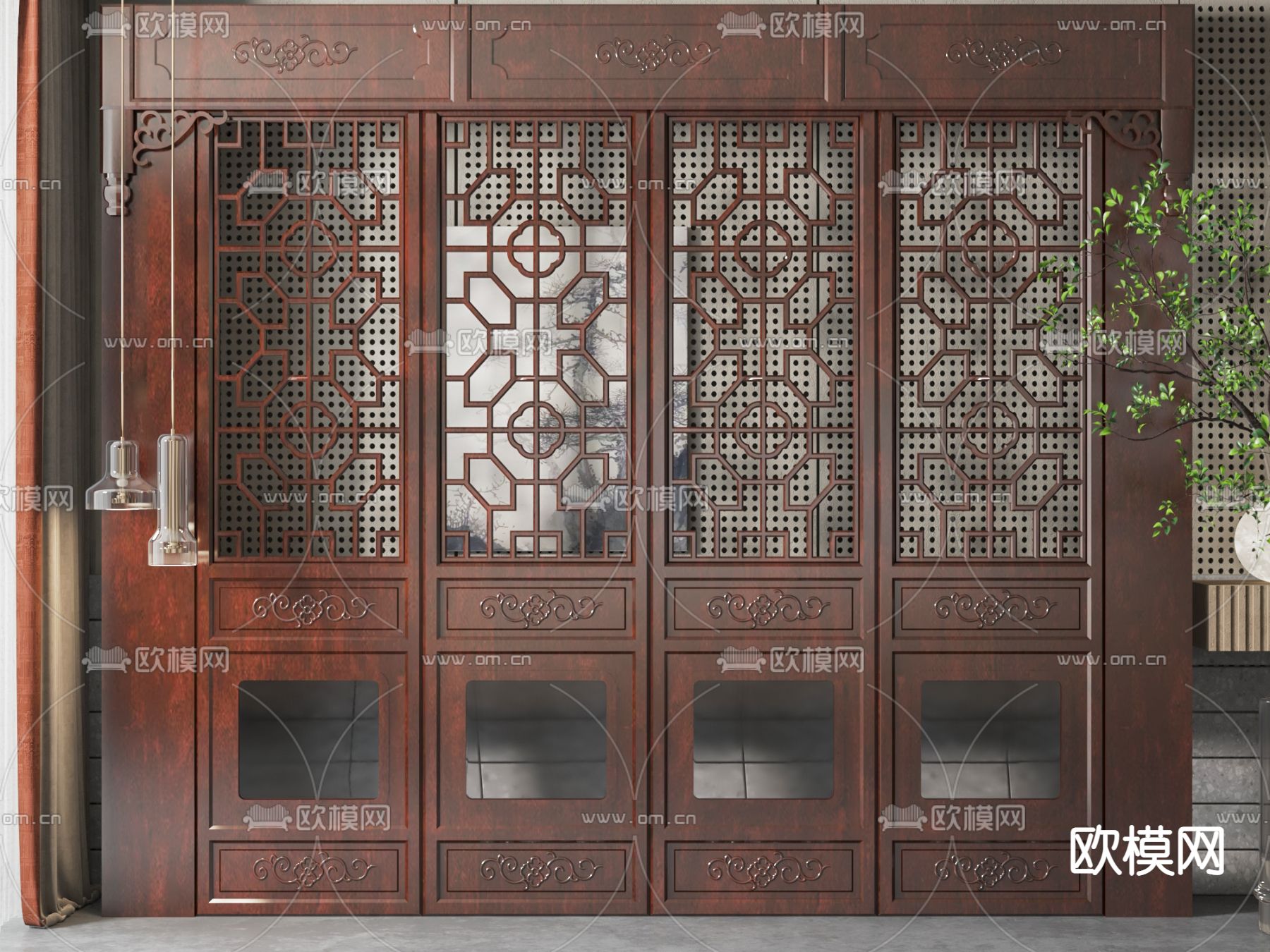 新中式隔断屏风su模型下载（渲染图1）