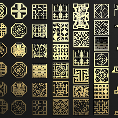  新中式窗花 花格 雕花角su模型 