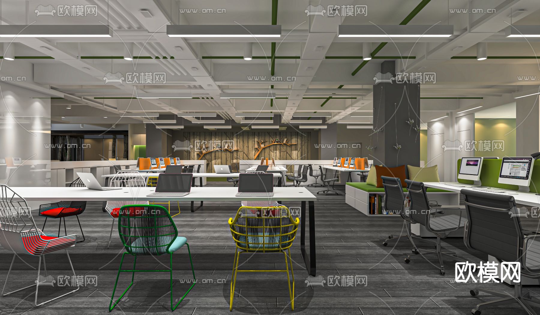 现代开放式办公室su模型下载