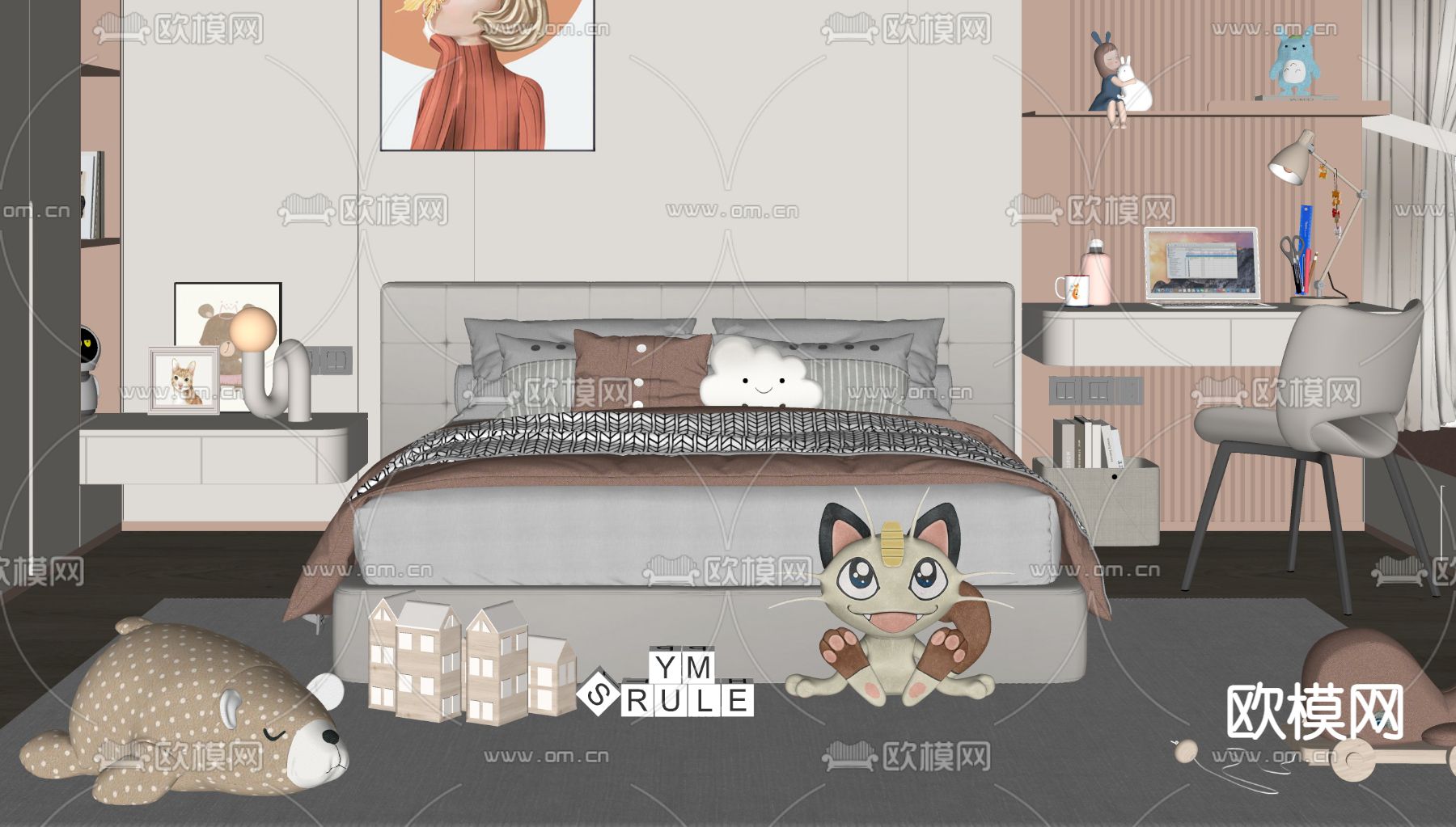 现代儿童床su模型下载（渲染图2）