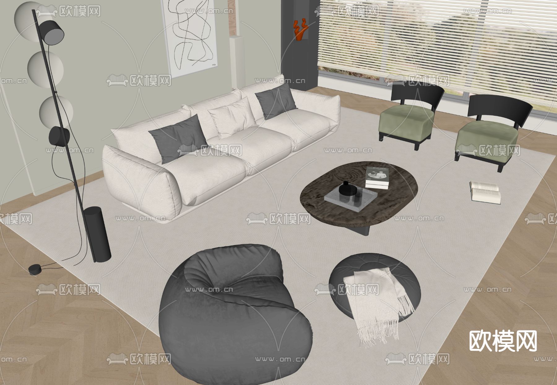 奶油组合沙发su模型下载（渲染图2）