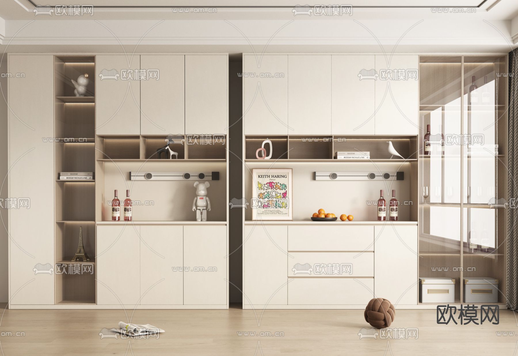 奶油风酒柜su模型下载（渲染图1）