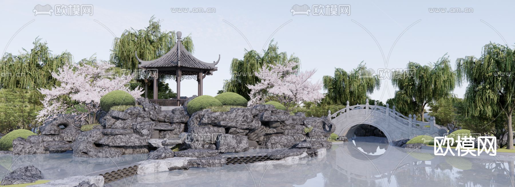 中式公园景观su模型下载（渲染图1）