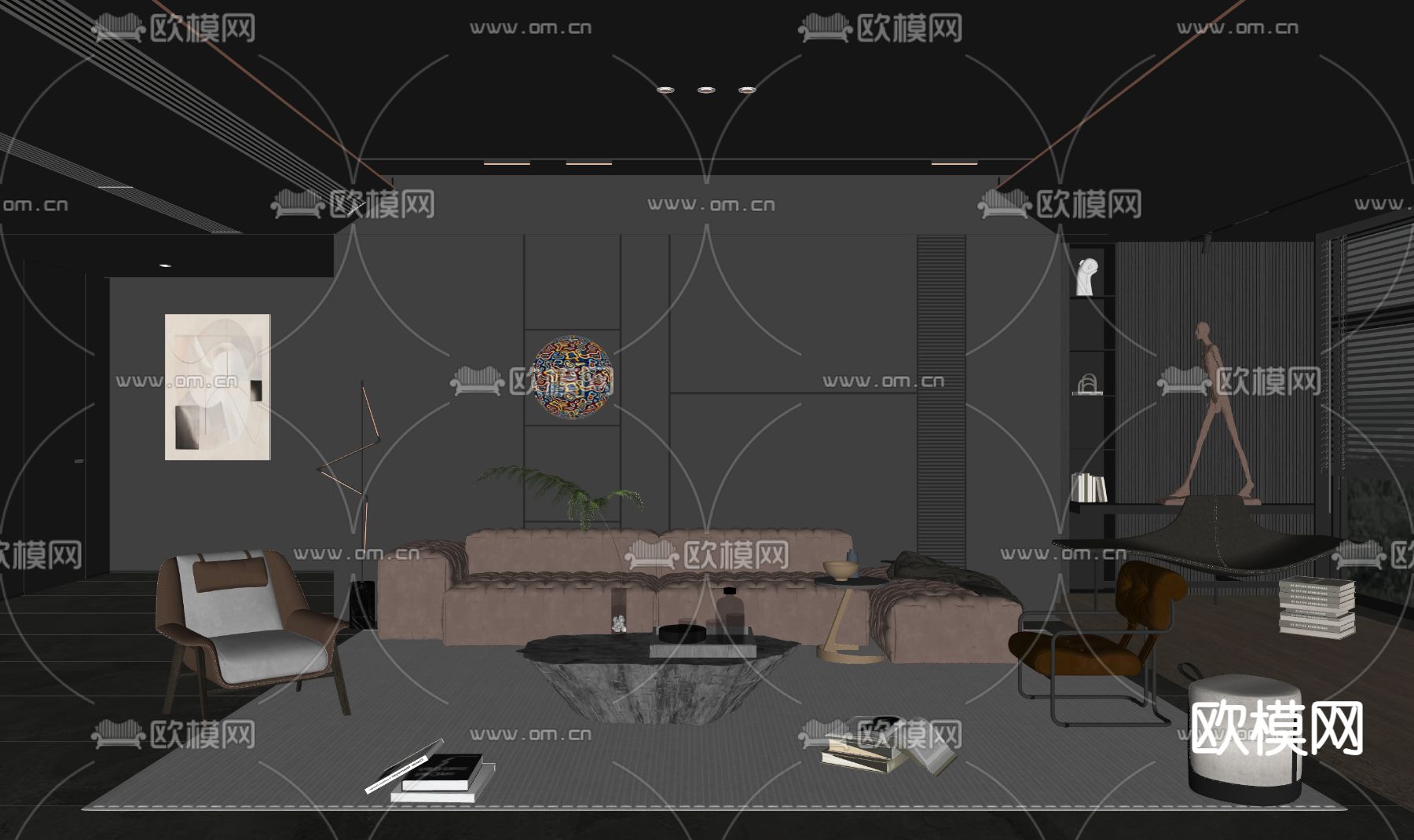 暗黑风客厅su模型下载（渲染图2）