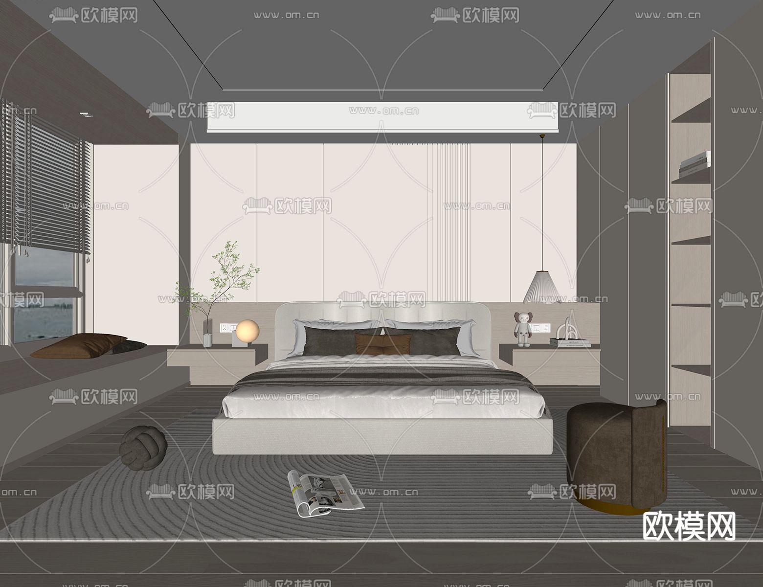 奶油风卧室su模型下载（渲染图2）