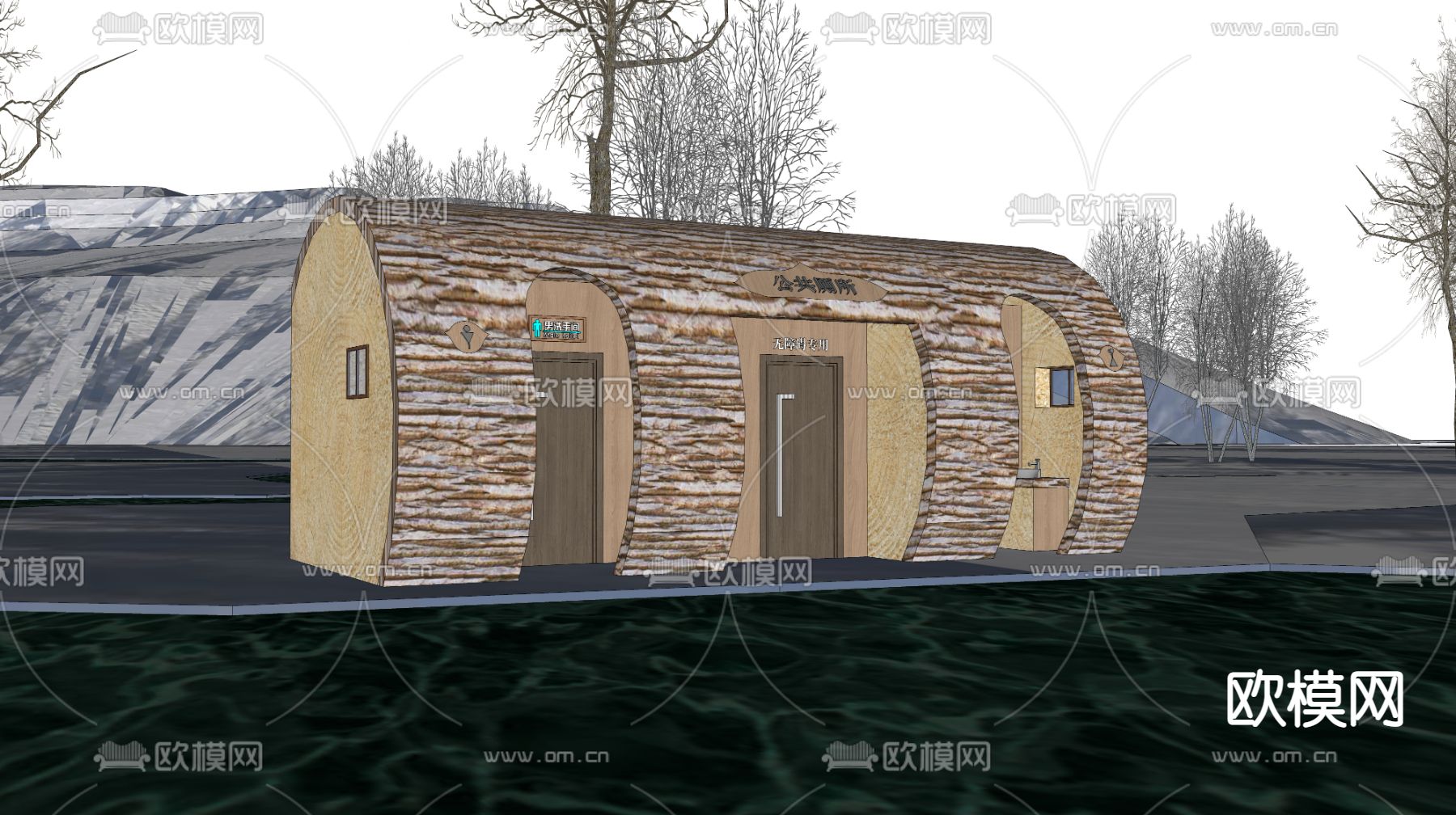自然风公厕 外观su模型下载（渲染图2）