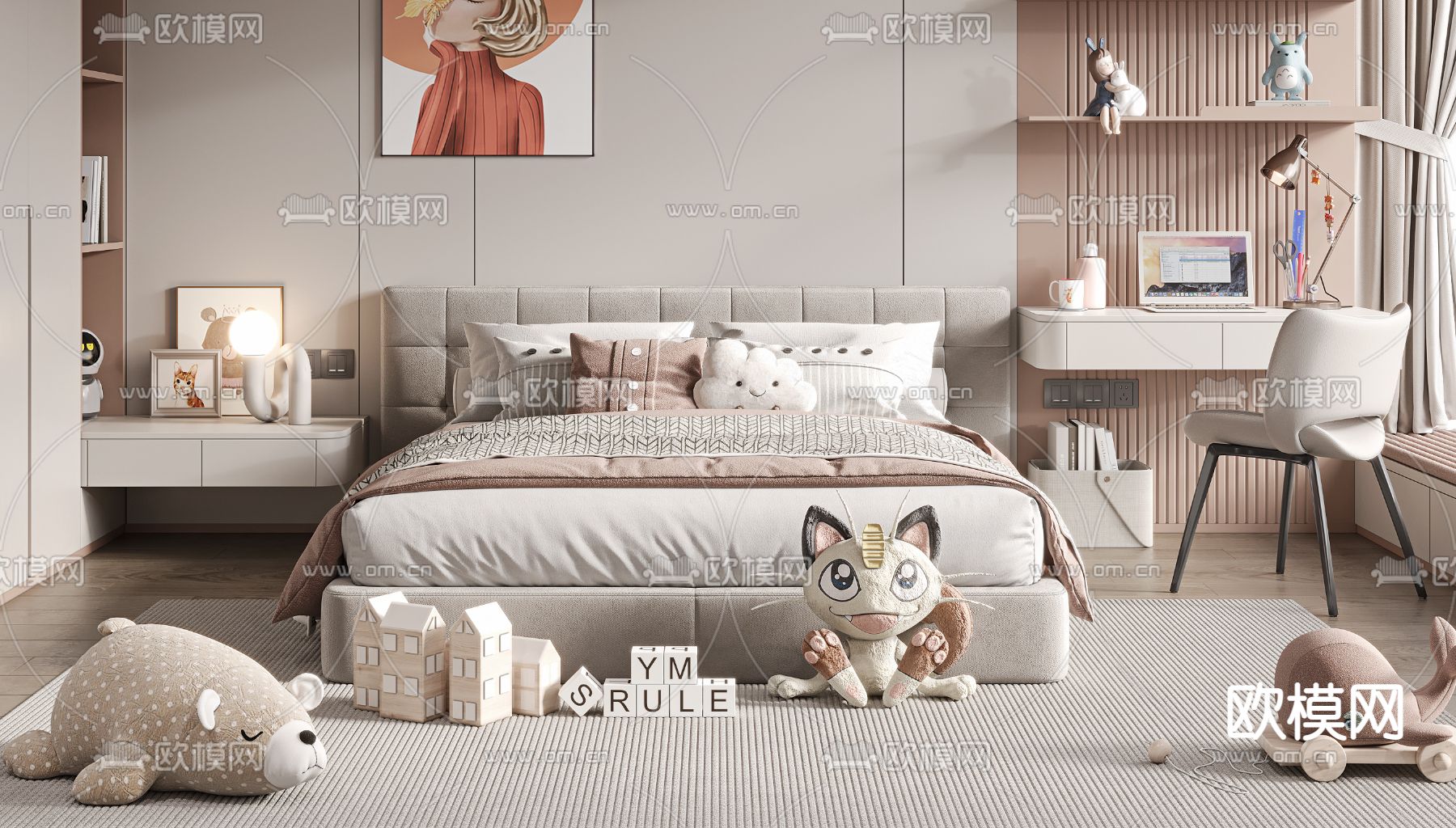 现代儿童床su模型下载（渲染图1）