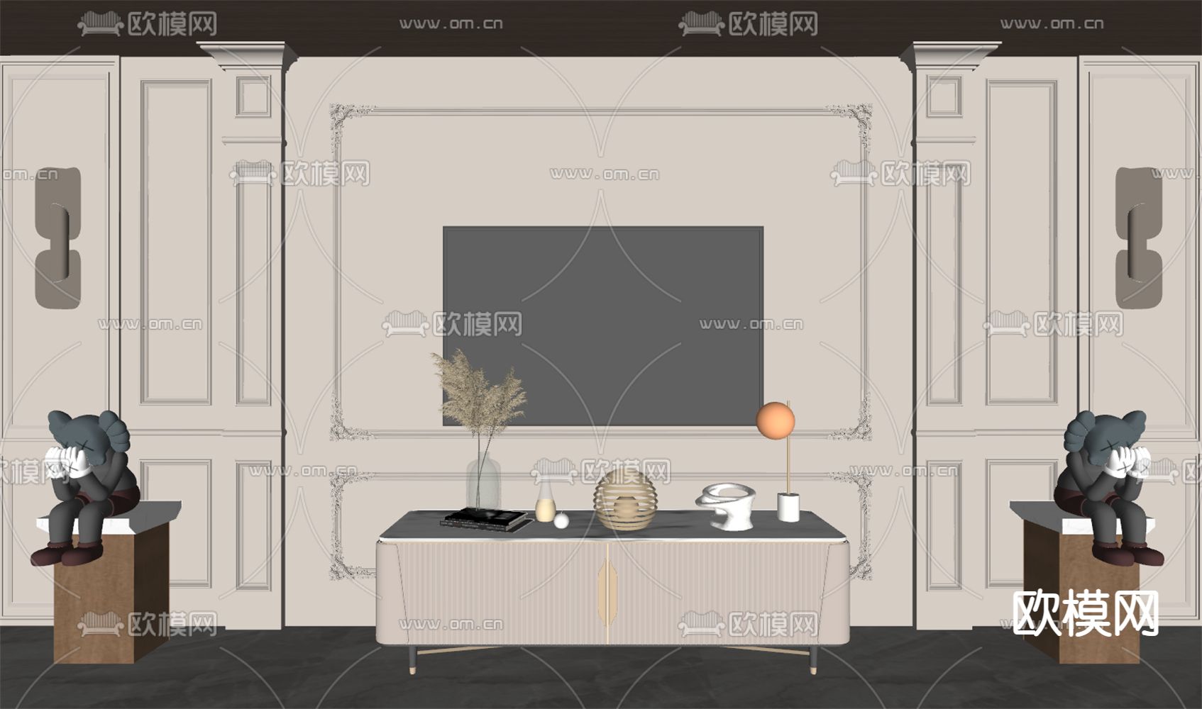 简欧电视背景su模型下载（渲染图2）