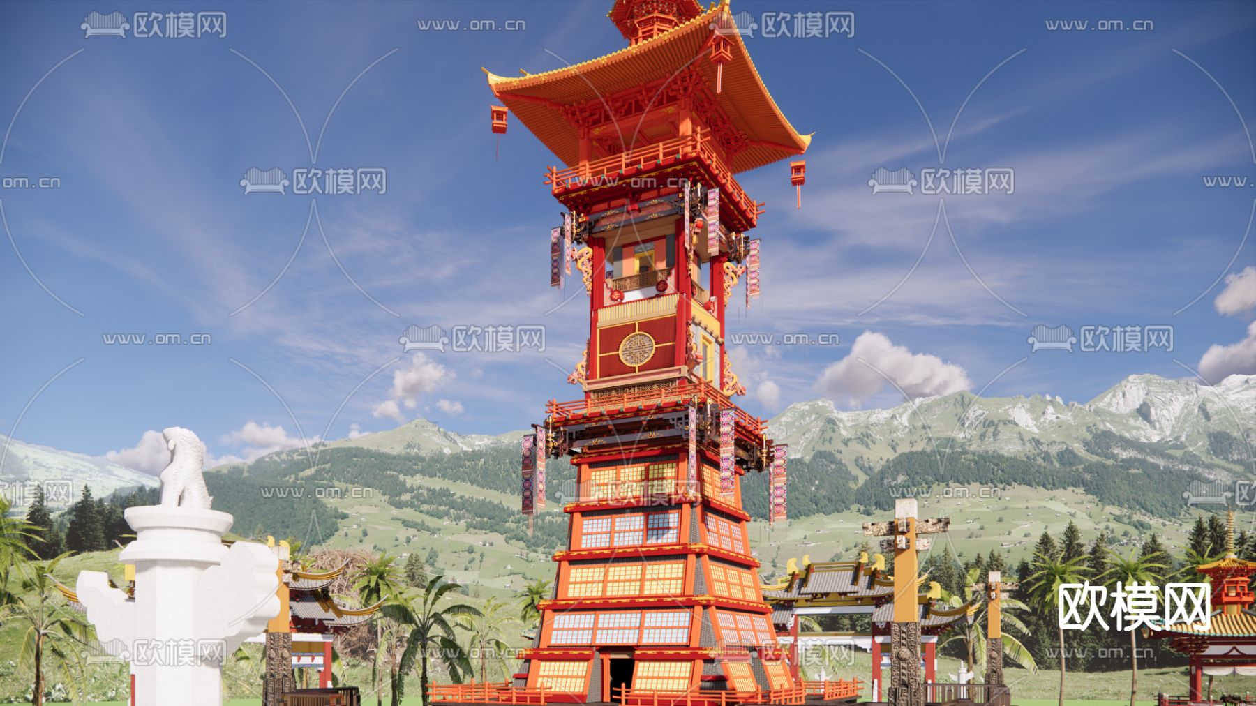 中式古建筑 景观塔楼su模型下载（渲染图3）