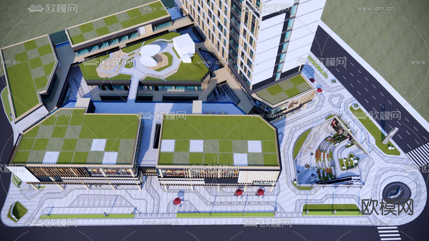 现代商业综合体鸟瞰su模型下载（渲染图1）