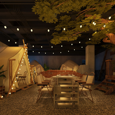  露营风火锅店su模型 