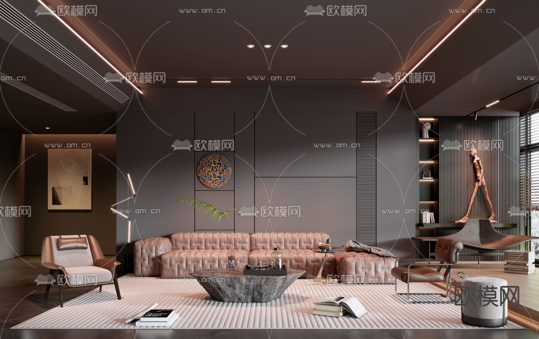 暗黑风客厅su模型下载（渲染图1）