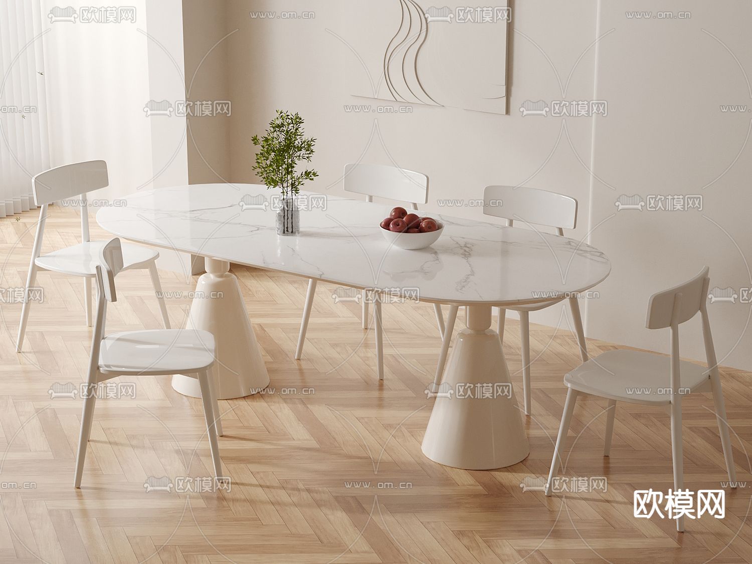 奶油风餐桌椅3d模型下载（渲染图1）