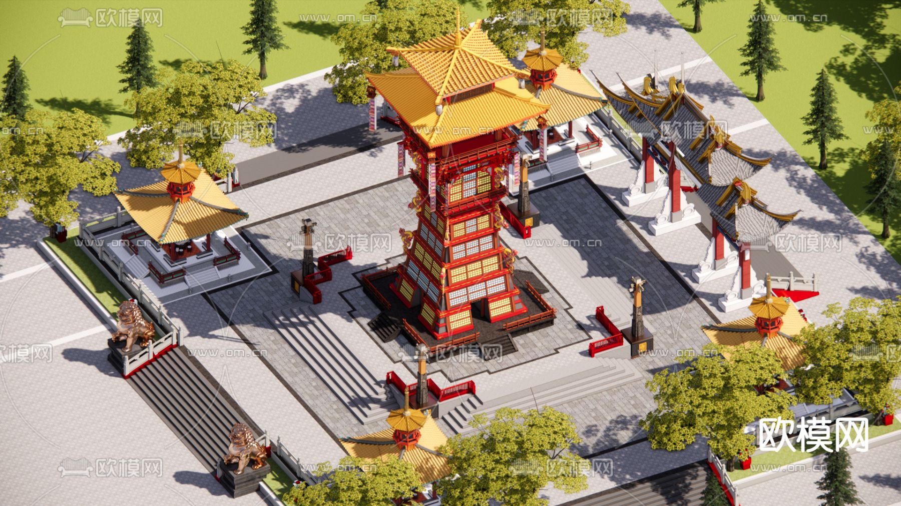 中式古建筑 景观塔楼su模型下载（渲染图5）