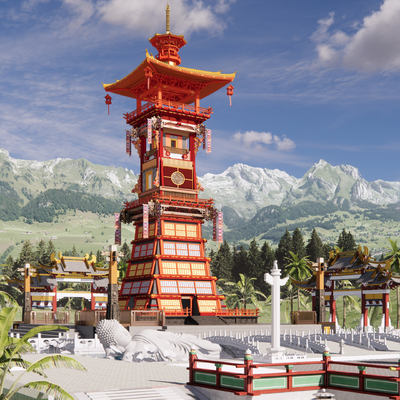  中式古建筑 景观塔楼su模型 