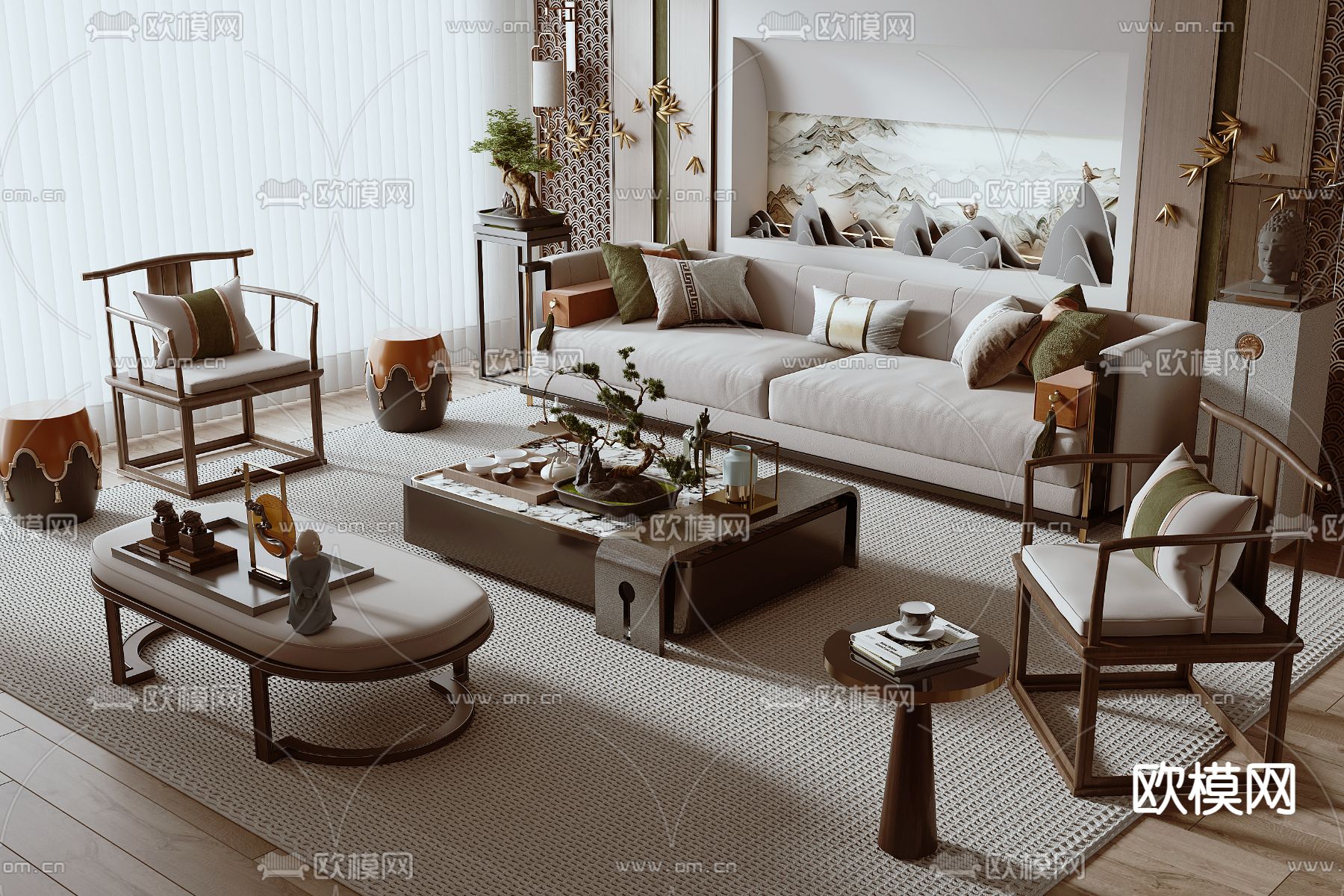 新中式组合沙发3d模型下载