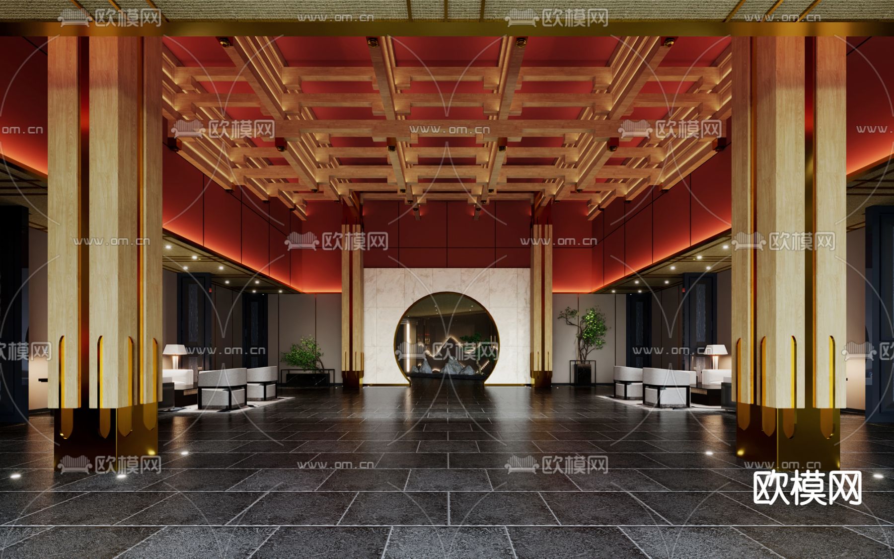 新中式酒店大堂3d模型下载（渲染图1）