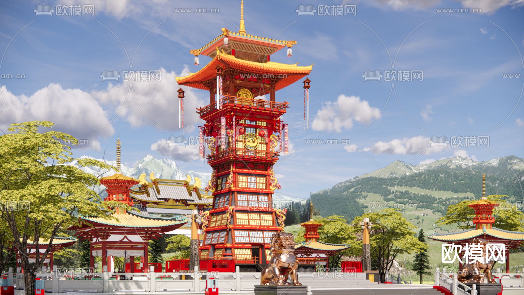 中式古建筑 景观塔楼su模型下载（渲染图1）