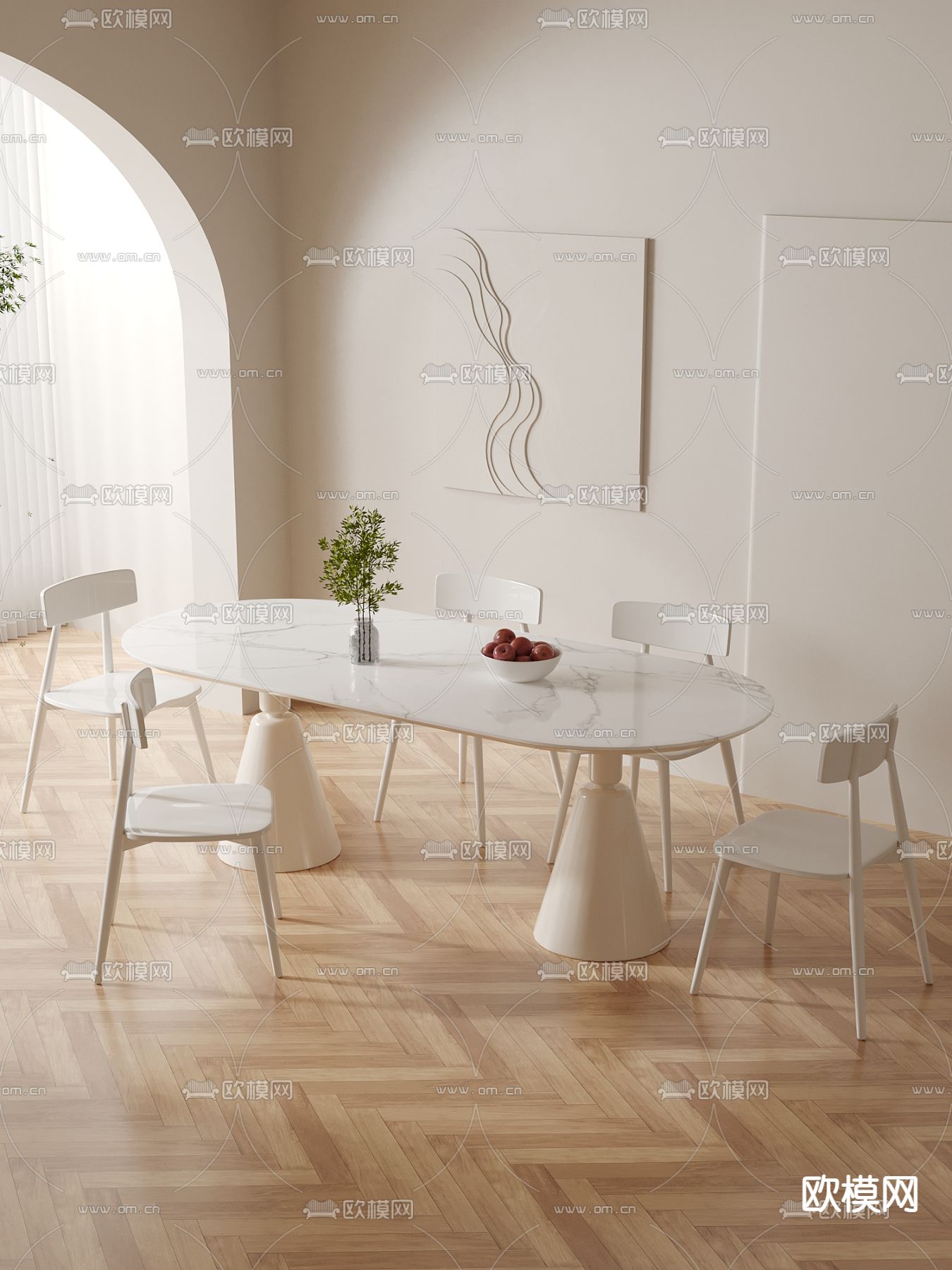 奶油风餐桌椅3d模型下载（渲染图2）