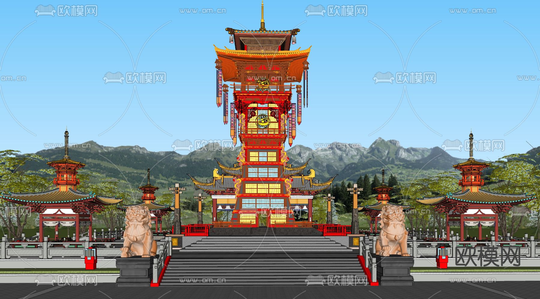 中式古建筑 景观塔楼su模型下载（渲染图2）