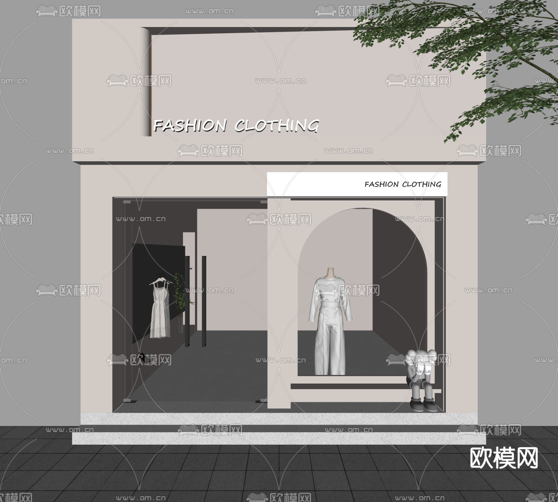 侘寂风服装店门头su模型下载（渲染图2）