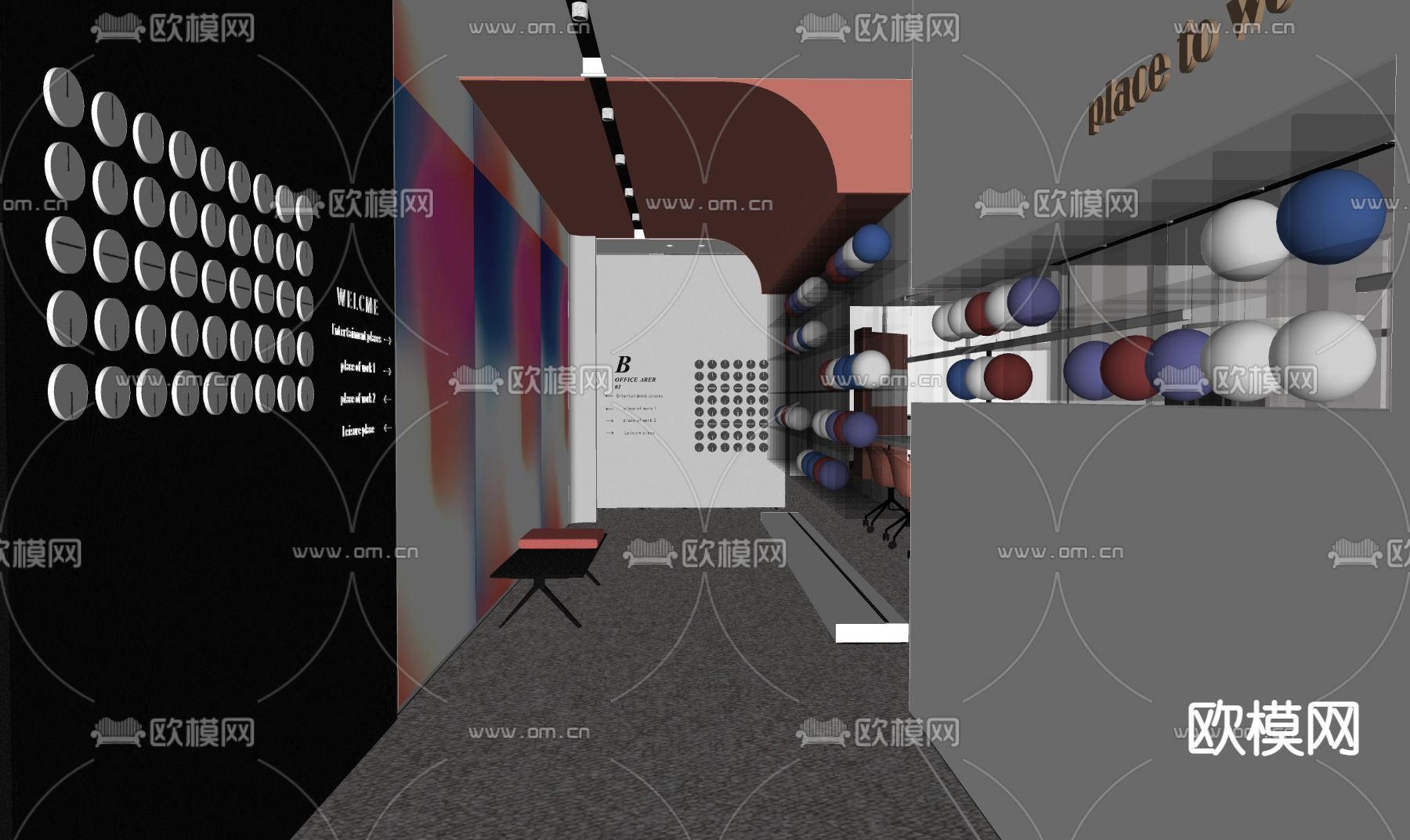 现代办公过道su模型下载（渲染图2）