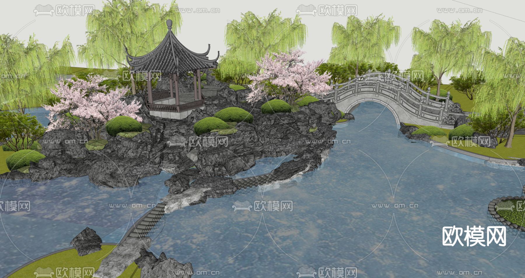中式公园景观su模型下载（渲染图2）