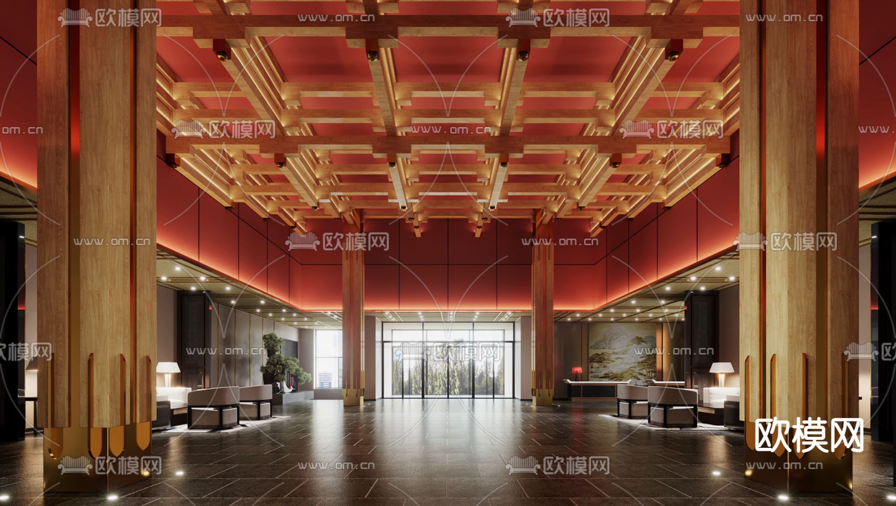 新中式酒店大堂3d模型下载（渲染图2）