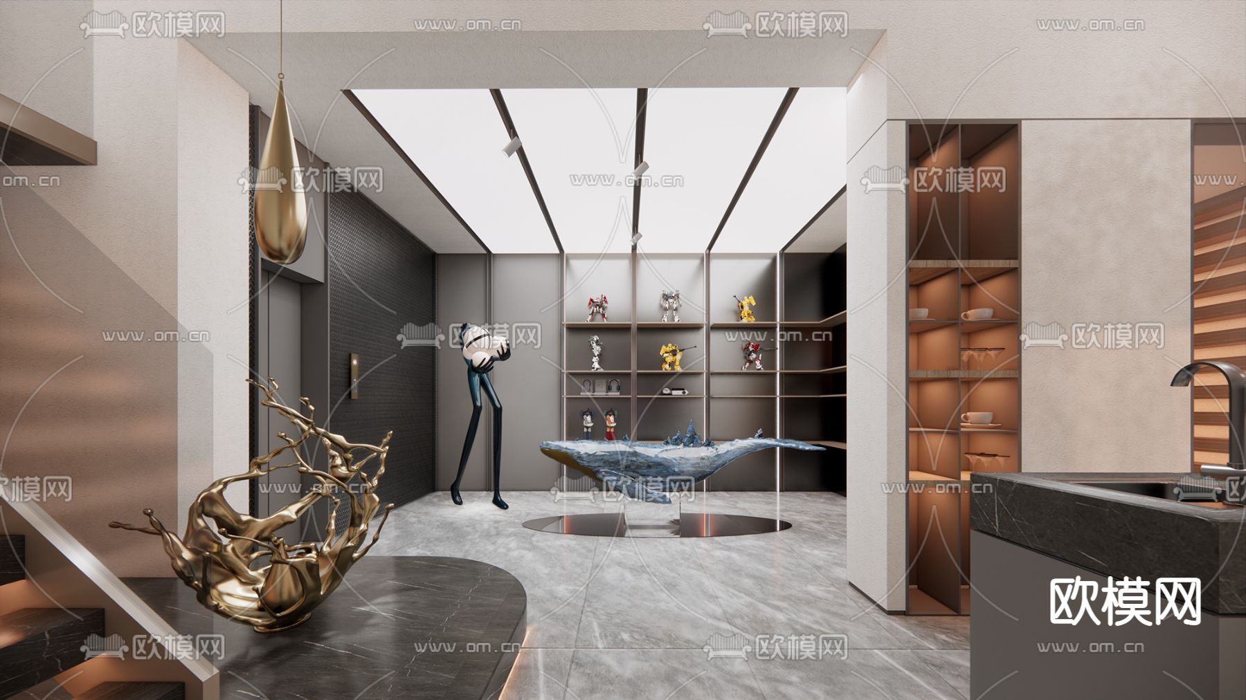 现代手办收藏室su模型下载（渲染图1）