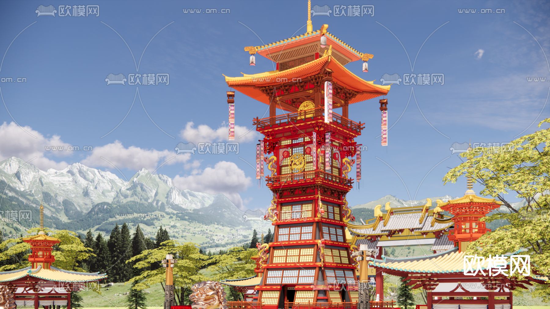 中式古建筑 景观塔楼su模型下载（渲染图4）