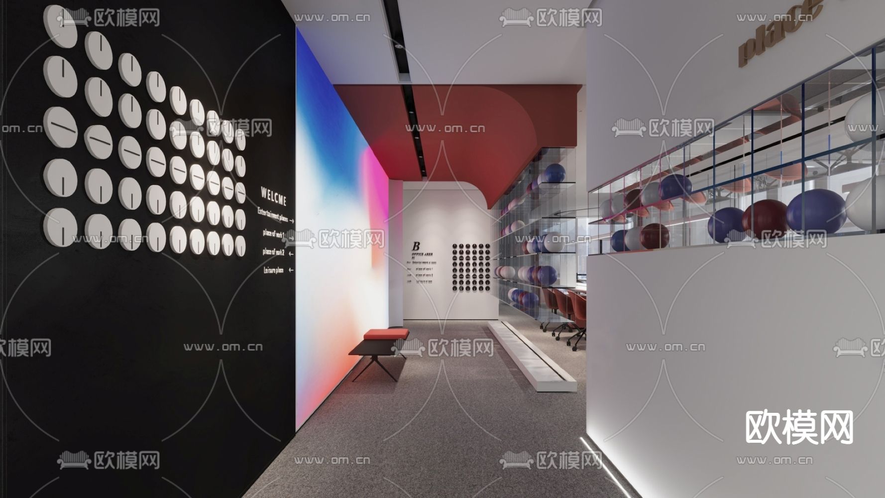 现代办公过道su模型下载（渲染图1）