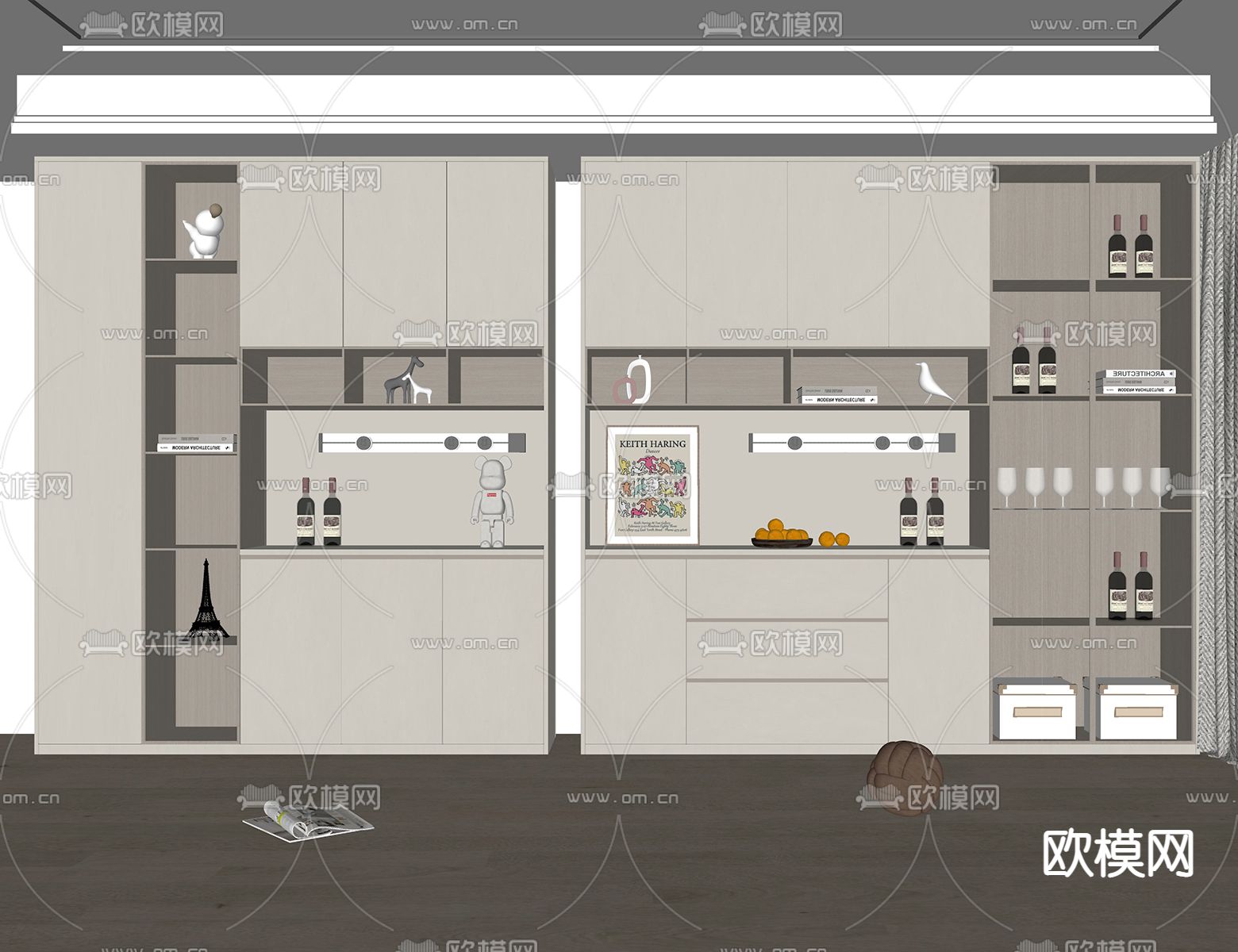 奶油风酒柜su模型下载（渲染图2）