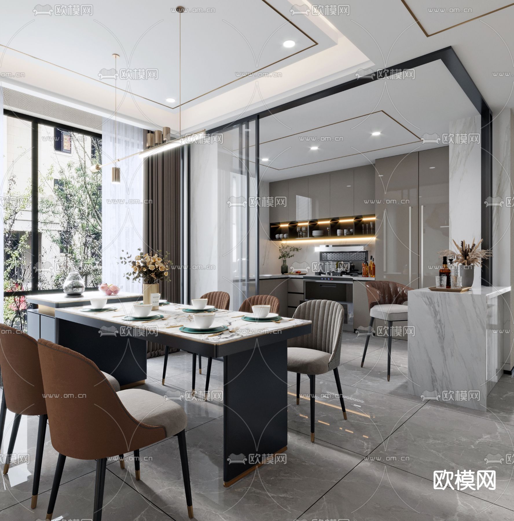 现代餐厅3d模型下载_ID14063859_3dmax免费模型-欧模网