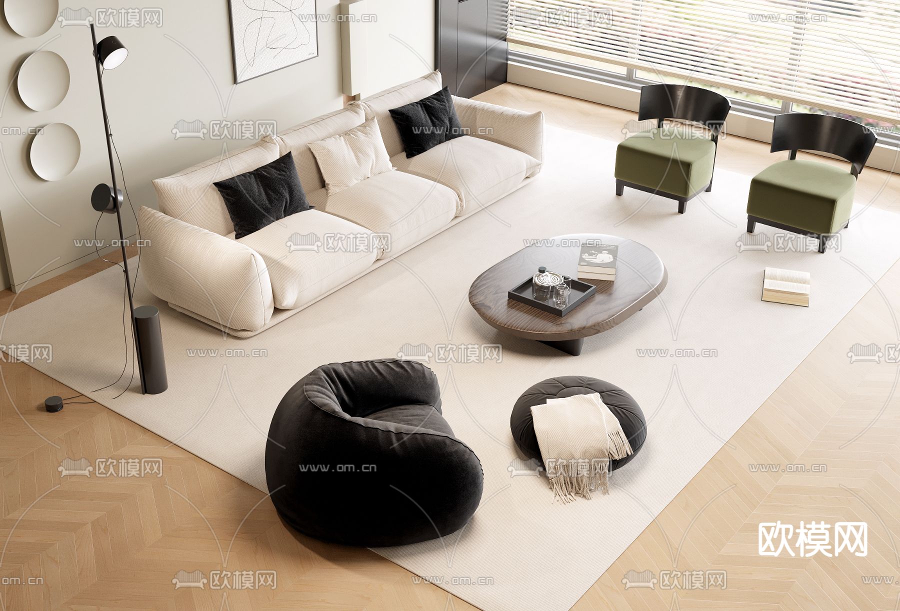奶油组合沙发su模型下载（渲染图1）